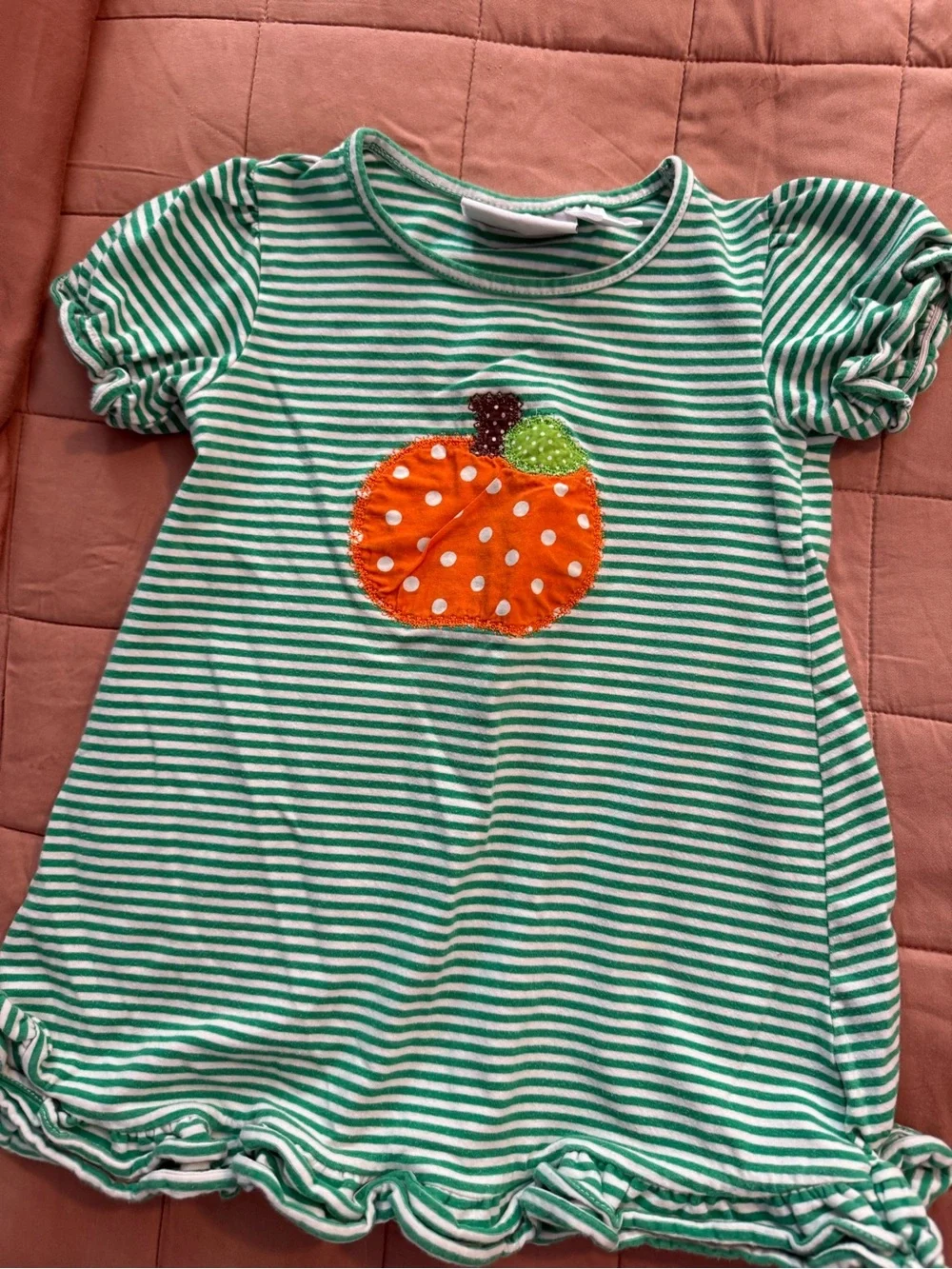 Girls Green Stripe Pumpkin Appliqué Dress